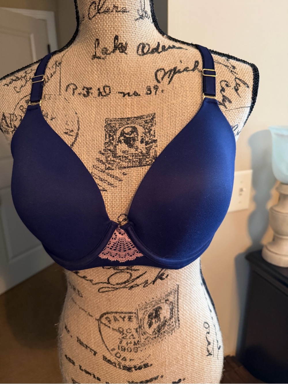 Soma Embraceable FC Geo Lace razorback in Navy Blue/and blush pink